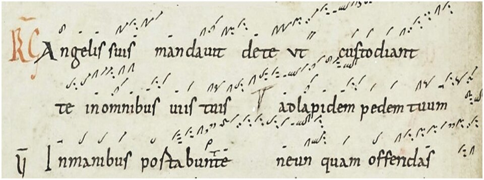 Fragment rękopisu: łaciński psalm z czarnym tekstem, czerwonym inicjałem „R” i przedstawia wczesny, bezliniowy zapis neumatyczny zwany notacją cheironomiczną, w której pojedyncze znaki‑neumy wskazują jedynie kierunek melodii, a nie dokładną wysokość dźwięków.