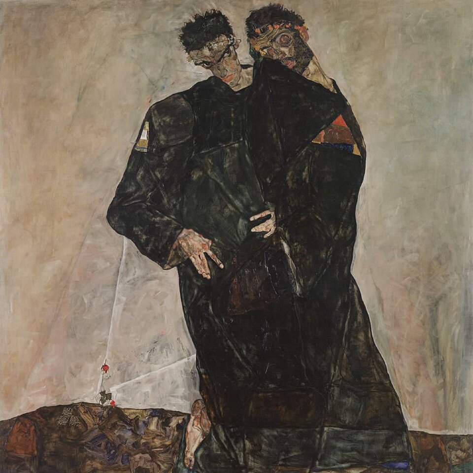 Ilustracja przedstawia obraz Egona Schiele pt. Eremici. Obraz ukazuje dwóch mężczyzn z niewyraźnymi twarzami. Mężczyzna po lewej stronie ma pochyloną głowę ku dołowi. Drugi mężczyzna chowa się za pierwszym, Wychylając głowę zza ramienia pierwszej postaci. Ubrani są w długie, czarne szaty, mają czarne włosy i mocno zarysowane czarna kreska brwi. Na dole obrazu widać bosą stopę jednego z mężczyzn. Tło jest jasne.