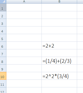 Ilustracja przedstawia fragment arkusza kalkulacyjnego Excel. W komórce B6 wpisano równa się dwa plus dwa. W komórce B8 wpisano równa się otwarty nawias półokrągły jeden ukośnik cztery zamknięty nawias dodać otwarty nawias dwa ukośnik trzy zamknięty nawias. W komórce B10 zapisano równa się dwa daszek dwa gwiazdka otwarty nawias trzy ukośnik cztery zamknięty nawias. 