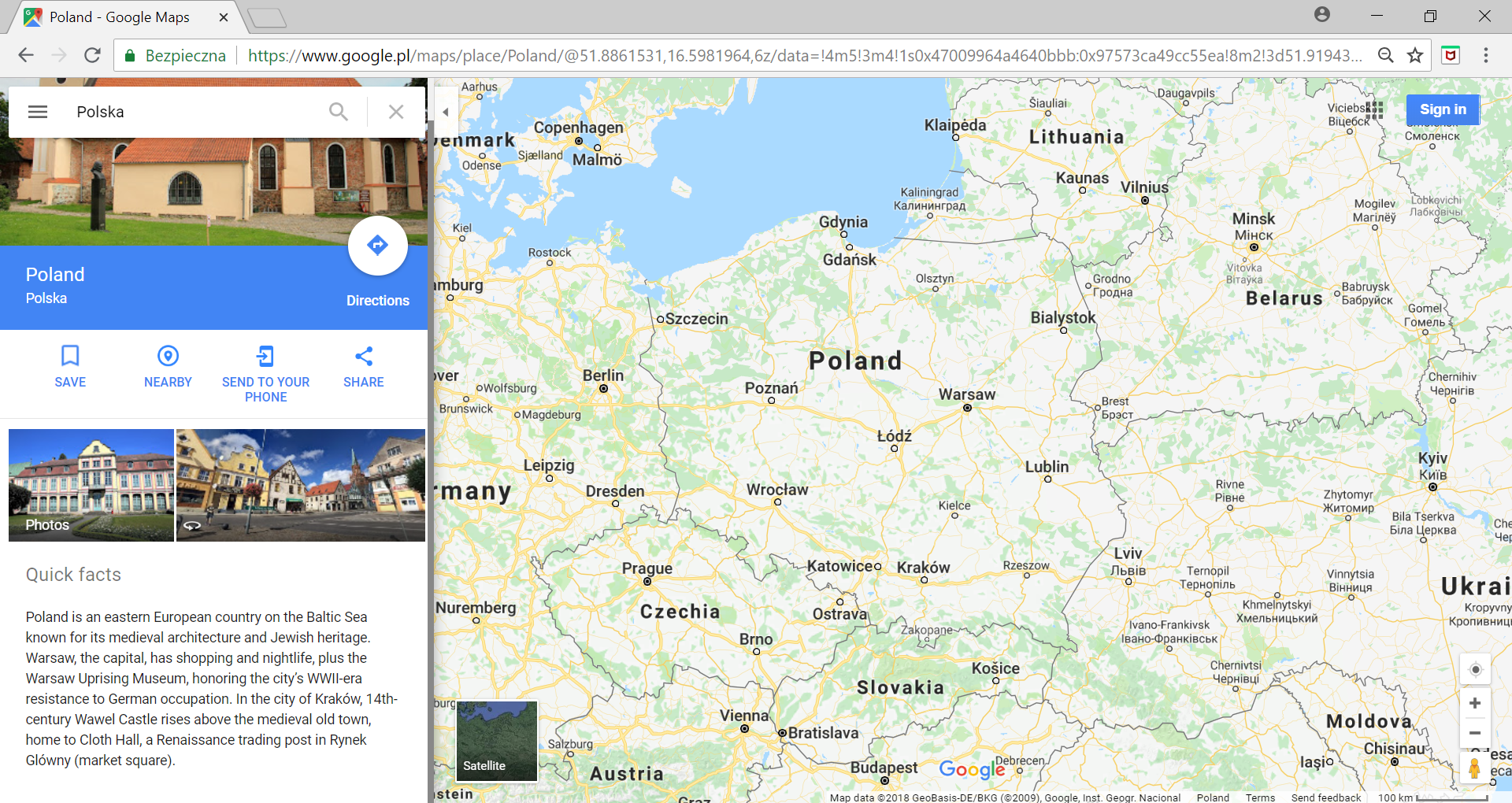 Zrzut z ekranu przedstawia mapę Polski (Poland) wyszukaną za pomocą Google. Widoczni są sąsiedzi naszego kraju: Lithuania, Belarus, Ukraine, Slovakia, Czechia, Germany. Po lewej stronie widoczne są najpopularniejsze zdjęcia z Polski wyszukane przez Google oraz krótka informacja w języku angielskim zatytułowana Quick facts.