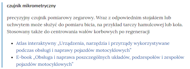 Ilustracja przedstawia przykładowe pojęcie znajdujące się w słowniku, pod pojęciem znajdują się linki do materiałów multimedialnych w lekcji.