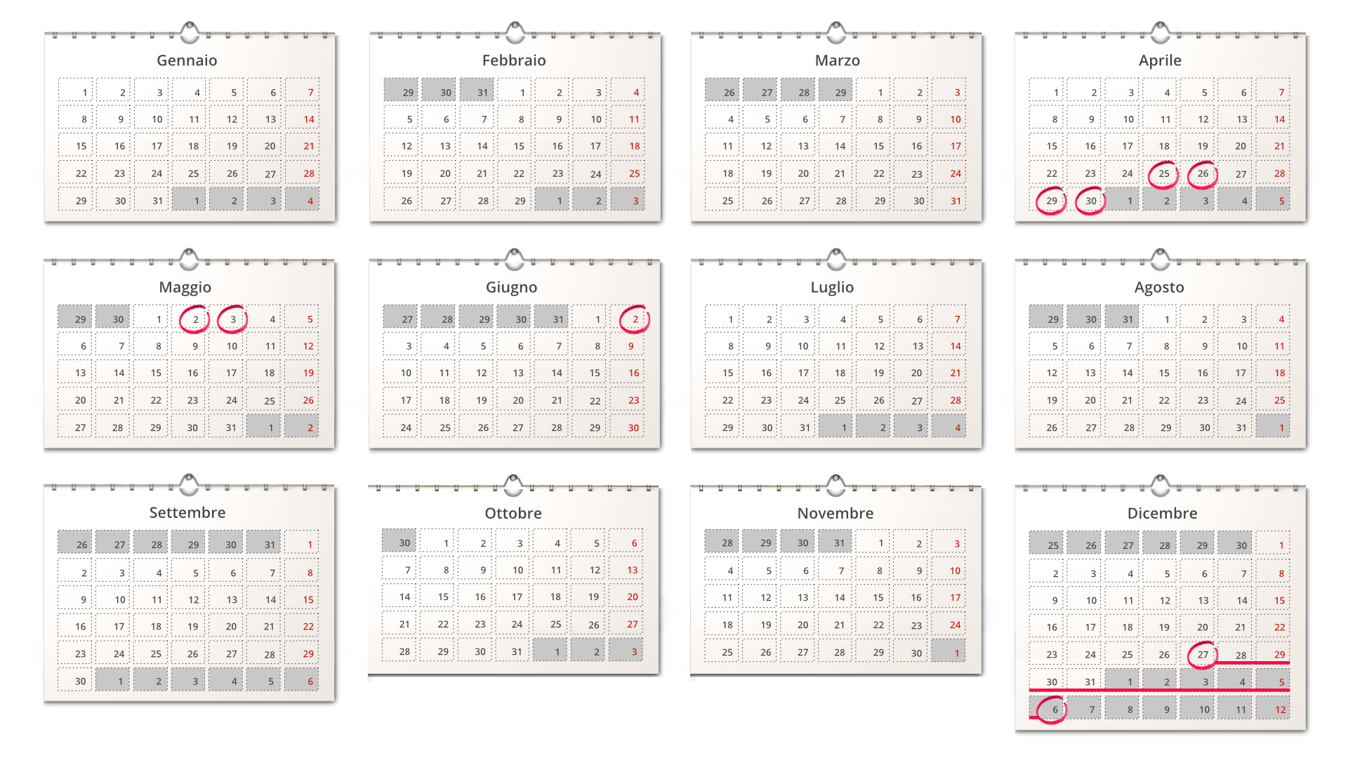 Ilustracja przedstawia 12 kartek z kalendarz. Każda kartka przedstawia jeden miesiąc. Na każdej kartce zaznaczone są kółkiem święta. Innym kolorem są zaznaczone dni z innego miesiąca, które można wykorzystać do połączenia ze świętami i stworzyć długi weekend: Gennaio (innym kolorem zaznaczone dni 1‑4 następnego miesiąca)Febbraio (innym kolorem zaznaczone dni 29‑31 poprzedniego miesiąca oraz 1‑3 następnego miesiąca)Marzo (zaznaczone innym kolorem daty 26‑29 poprzedniego miesiąca)Aprile (kółkami zaznaczone są daty 25, 26, 29, 30, innym kolorem daty 1‑5 następnego miesiąca)Maggio (innym kolorem zaznaczone daty 29‑30 poprzedniego miesiąca, kółkiem zaznaczone daty 2 i 3, innym kolorem zaznaczone daty 1 i 2 następnego miesiąca.)Giugno (innym kolorem zaznaczone są daty 27‑31 poprzedniego miesiąca, kółkiem zaznaczona jest data 2.)Luglio (innym kolorem zaznaczone są daty 1‑4 następnego miesiąca.)Agosto (innym kolorem zaznaczone są daty 29‑31 poprzedniego miesiąca oraz data 1 następnego miesiąca.)Settembre (innym kolorem zaznaczone daty 26‑31 poprzedniego miesiąca oraz daty 1‑6 następnego miesiąca.)Ottobre (innym kolorem zaznaczona jest data 30 poprzedniego miesiąca oraz daty 1‑3 następnego miesiąca.)Novembre (innym kolorem zaznaczone są daty 29‑31 poprzedniego miesiąca oraz data 1 następnego miesiąca.)Dicembre (innym kolorem zaznaczone sa daty 25‑30 poprzedniego miesiąca oraz daty 1‑12 następnego miesiąca. Kółkiem zaznaczone są daty 27 grudnia i 6 stycznia. Te daty połączone są poprzez podkreślenie.)