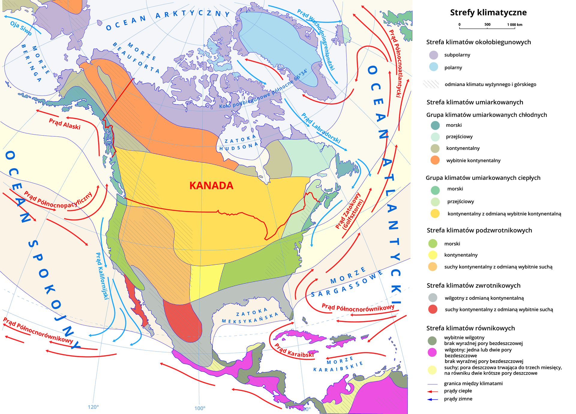 Mapa przedstawia strefy klimatyczne Ameryki Północnej. Na niej kolorami oznaczono poszczególne strefy oraz kolorem czerwonym oznaczono granice Kanady.  Strefy klimatyczne rozłożone są równoleżnikowo. Od północy strefa okołobiegunowa, następnie klimaty umiarkowane chłodne, potem umiarkowane ciepłe, następnie klimaty podzwrotnikowe, zwrotnikowe i na południu klimaty równikowe. 