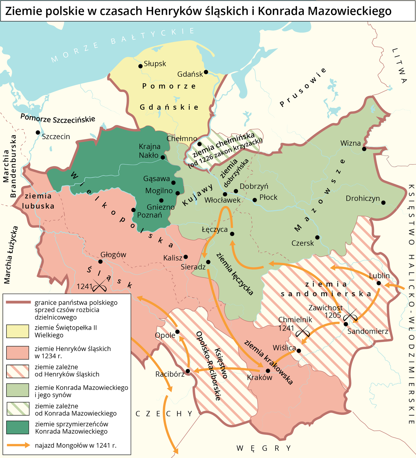 Mapa przedstawia ziemie polskie w czasach Henryków śląskich i Konrada Mazowieckiego. Grubą linią zaznaczone są granice państwa polskiego sprzed czasów rozbicia dzielnicowego. Obejmują one: Ziemie Świętopełka Drugiego Wielkiego na północy, do których należy Gdańsk i Słupsk. Ziemie Henryka śląskiego w 1234 roku znajdują się na południowym zachodzie. Rozciągają się aż do południowo‑wschodniej części kraju. Należą do nich miasta Kalisz i Głogów. Ziemie zależne od Henryków śląskich znajdują się na południu. Granice przebiegają przez miasta Lublin i Sandomierz. Ziemie Konrada Mazowieckiego i jego synów obejmują tereny północno‑wschodnie. Należą do nich Mazowsze i Kujawy. Ziemie zależne od Konrada Mazowieckiego to mała część terenu na północy poza granicami państwa polskiego. Ziemie sprzymierzeńców Konrada Mazowieckiego leżą na północnym zachodzie kraju - granice przebiegają przez Gniezno i Gąsawę. Strzałkami zaznaczono najazd Mongołów, który przebiegał przez Ziemię Sandomierską od Lublina przez Sandomierz, Wiślicę, aż do Krakowa. Inna trasa najazdu obejmowała Sandomierz, Łęczycę, Sieradz do Krakowa, do Raciborza przez Opole i Śląsk, aż do Czech. Na mapie zaznaczono trzy bitwy. Pierwsza odbyła się w mieście Zawichost w 1205 roku, druga w mieście Chmielnik w 1241 roku, a trzecia w zachodnio‑południowej części Śląska w 1241 roku.