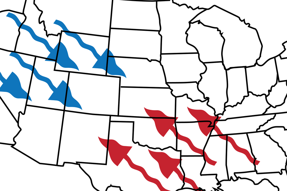 Mapa Ameryki Północnej przedstawia napływ powietrza. Ciepłe powietrze napływa znad południowego wschodu w głąb lądu. Zimne powietrze napływa znad północnego zachodu w głąb lądu.