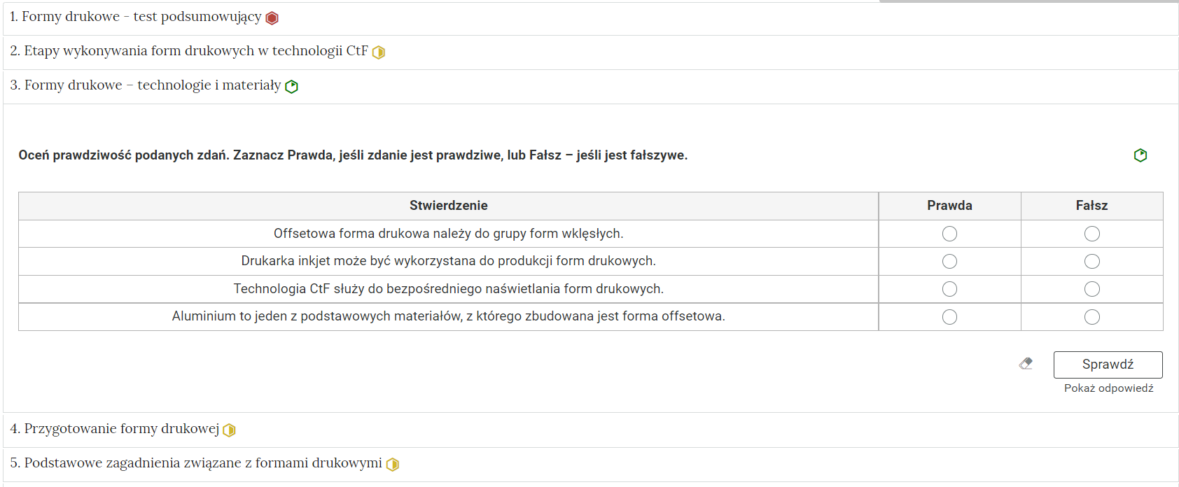 Grafika przedstawia widok pojedynczego zadania z interaktywnego materiału sprawdzającego, na prawo od nazwy zadania widnieje ikonka informująca o poziomie trudności zadania.