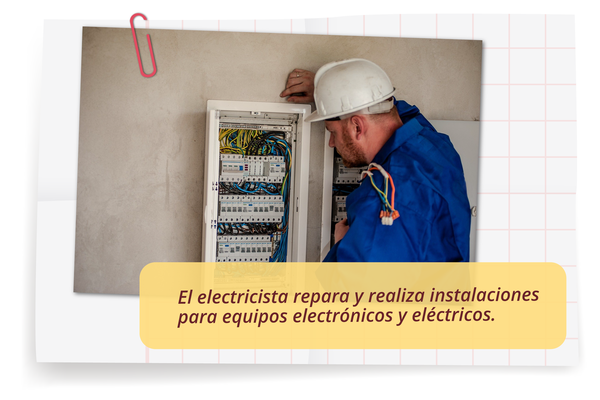 Zdjęcie przedstawia  elektryka w białym kasku. Mężczyzna pochyla się nad skrzynką z kablami. Podpis zdjęcia: El electricista repara y realiza instalaciones para equipos electrónicos y eléctricos.