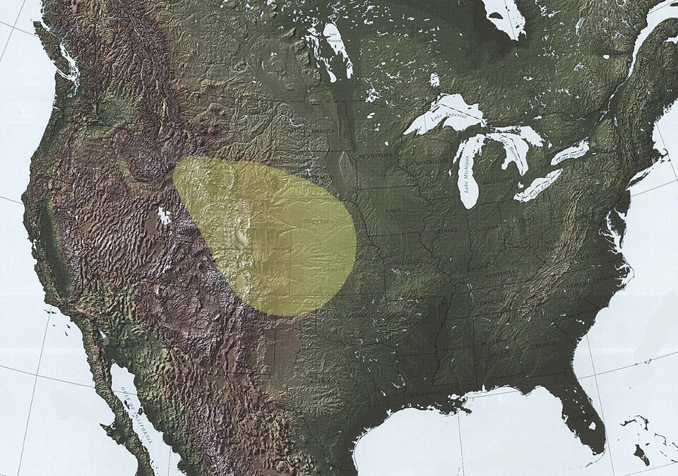 Zdjęcie przedstawia Amerykę Północną w widoku satelitarnym. Zaznaczono na niej zasięg występowania serii skalnej powstałej 1,3 miliona lat temu. Znajduje się ona w centralnej części na przedpolu gór.
