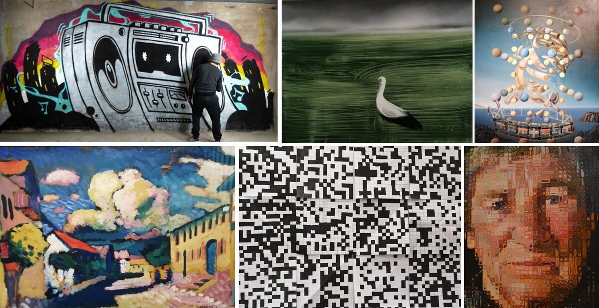 Ilustracja składa się z sześciu fotografii dzieł malarskich umieszczonych w dwóch rzędach. Od lewej na górze sztuka ulicy, przedstawia artystę wykonującego mural, na którym znajduje się magnetofon kasetowy ogromnych rozmiarów. Obok znajduje się obraz przestawiający bociana na tle zielonej łąki. Kolejny obraz "Madonna Rafaela" - przedstawia twarz Madonny, która rozpada się na podobieństwo rozpadu atomu: na kule, geometryczne figury i formy przypominające rogi nosorożca. Poniżej w drugim rzędzie od lewej strony obraz przedstawia ulicę małego miasteczka w pogodny dzień. Kolejny obraz to ułożone obok siebie czarne i białe kwadraty jednakowej wielkości, które nie tworzą żadnego obrazu. Ostatni obraz wypełnia twarz mężczyzny, na której widać ułożone nieregularne prostokąty.