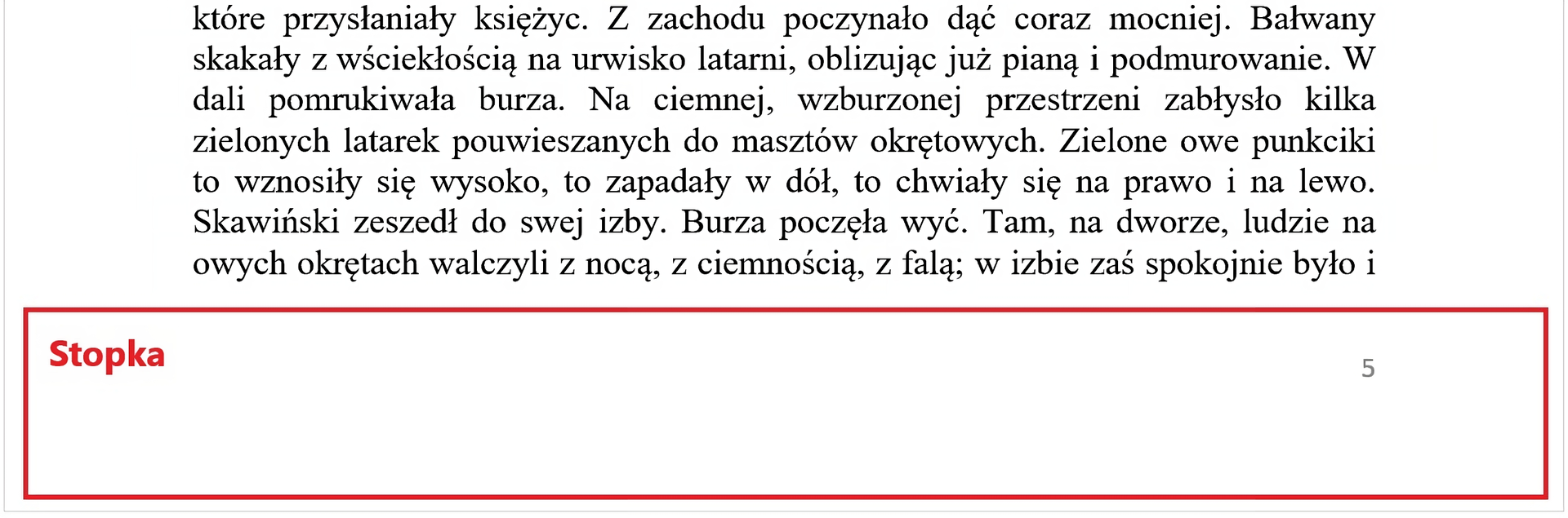 Zrzut ekranu zaznacza stopkę, gdzie znajduje numeracja strony.