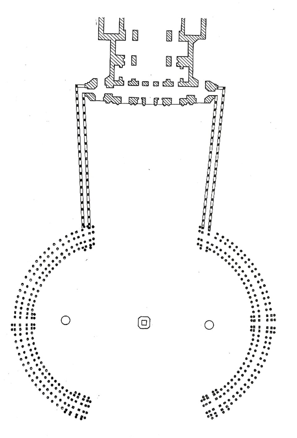 Czarno‑biały schemat planu placu św. Piotra w Watykanie. U góry widoczny jest zarys bazyliki, od której prowadzą dwie proste kolumnady przechodzące w półkolisty układ kolumn otaczających owalny plac. W centrum placu zaznaczono obelisk oraz dwie fontanny.