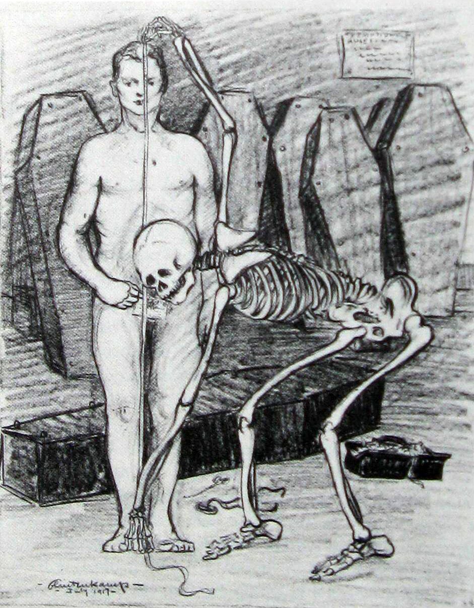 Na ilustracji postać nagiego mężczyzny. Jego wysokość mierzy szkielet, symbolizujący śmierć. Na podłodze leży zamknięta trumna. Stojące trumny oparte są również o ścianę za mężczyzną. 