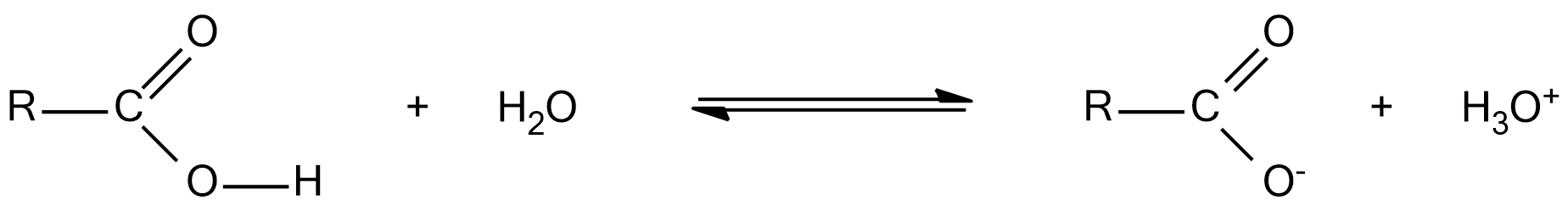 Na ilustracji znajduje się równanie kwas karboksylowy RCOOH dodać cząsteczka wody, strzałki w dwie strony, powstaje anion karboksylanowy R C O O indeks górny minus dodać kation H indeks dolny trzy O indeks górny plus.