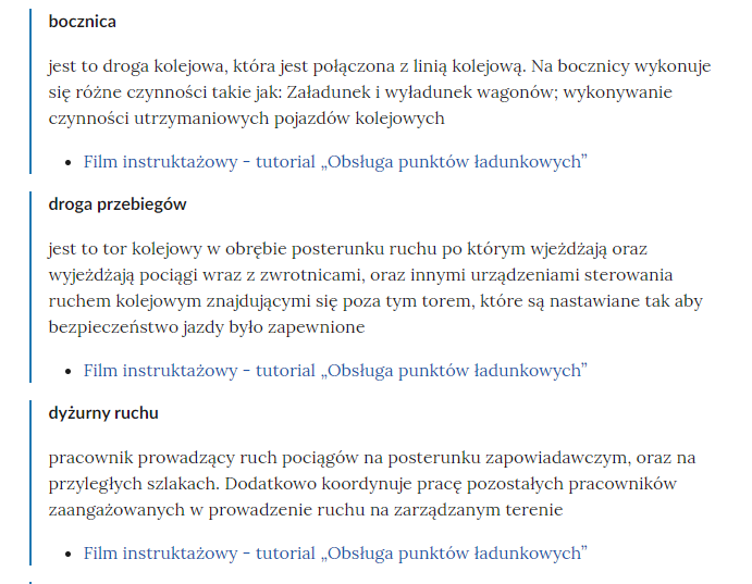 Zrzut ekranu przedstawia kilka pojęć ze Słownika. Konstrukcja jest następująca: pojęcie, poniżej jego wyjaśnienie, a pod nim znajduje się link, po którego kliknięciu użytkownik przenosi się do rozdziału w tym materiale, w którym dane pojęcie jest wykorzystywane. Linków może być jeden lub kilka, w zależności od tego, w ilu rozdziałach użyto pojęcia.