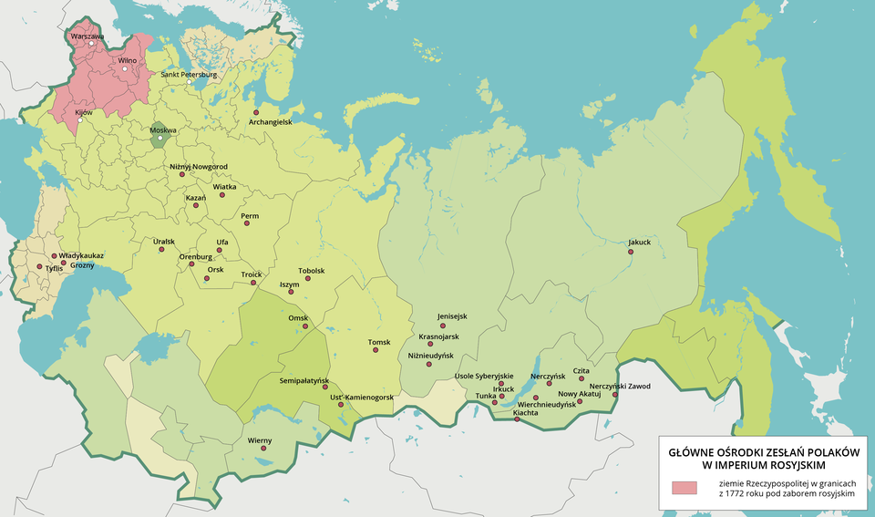 Mapa przedstawia główne ośrodki zesłania Polaków w dziewiętnastym wieku. Były to: Tyflis, Władykaukaz, Grozny, Uralsk, Niżnyj Nowgorod, Archangielsk, Wiatka, Kazań, Perm, Ufa, Orenburg, Orsk, Troick, Iszym, Tobolsk, Omsk, Wierny, Semipałatyńsk, Jenisejsk, Krasnojarsk, Niżnieudyńsk, Usole Syberyjskie, Irkuck, Tunka, Nerczyńsk, Wierchnieudyńsk, Kiachta, Czita, Nowy Akatuj, Nerczyński Zawod, Jakuck.