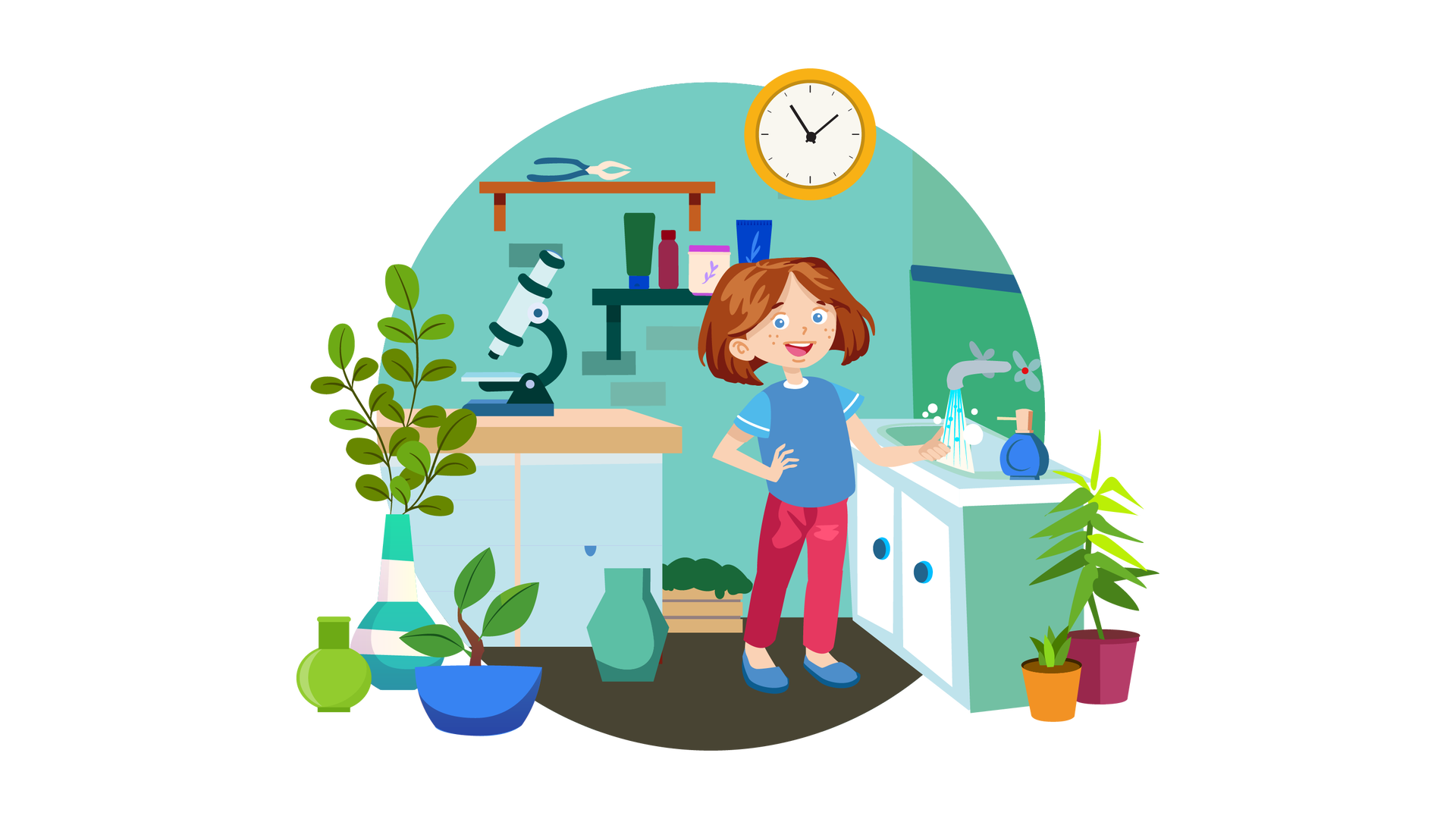 Ilustracja przedstawia laboratorium. W tle widać turkusową ścianę, na której wiszą dwie półki. Pierwsza półka jest brązowa. Leżą na niej ciemnoniebieskie kombinerki. Jest to narzędzie służące do chwytania i przytrzymywania różnych elementów, na przykład gwoździ. Druga półka jest ciemnozielona. Od lewej strony stoją na niej: ciemnozielona tubka z ciemnoniebieską nakrętką, mała butelka w kolorze śliwkowym, okrągły beżowy pojemnik z fioletową nakrętką oraz granatowa tubka. Powyżej wisi okrągły jasnopomarańczowy zegar ze wskazówkami. Pod ścianą stoi bladobłękitna szafka z jasnobrązowym blatem. Na blacie ustawiono duży mikroskop. Na ciemnoszarej podłodze, od lewej strony, znajdują się: pusty jasnozielony wazon, trzy gałązki z zielonymi listkami w wazonie w biało‑turkusowe pasy, zielona roślina w ciemnoniebieskiej donicy, pusty turkusowy wazon, zielona roślina w jasnobrązowej skrzynce, niewielka zielona roślina z pomarańczowej donicy i zielona roślina w donicy koloru śliwkowego. Po prawej stronie pomieszczenia, pod drugą ścianą, stoi szafka ze zlewem. Przy zlewie stoi ciemnoniebieski pojemnik na mydło, a nad zlewem znajduje się srebrny kran, z którego leci woda. Przy szafce stoi uśmiechnięta Maj. Jest ubrana w niebieską koszulkę z krótkimi błękitnymi rękawami, długie ciemnoróżowe spodnie i ciemnoniebieskie buty. Prawą dłoń opiera na biodrze, a kciuk lewej dłoni unosi do góry.