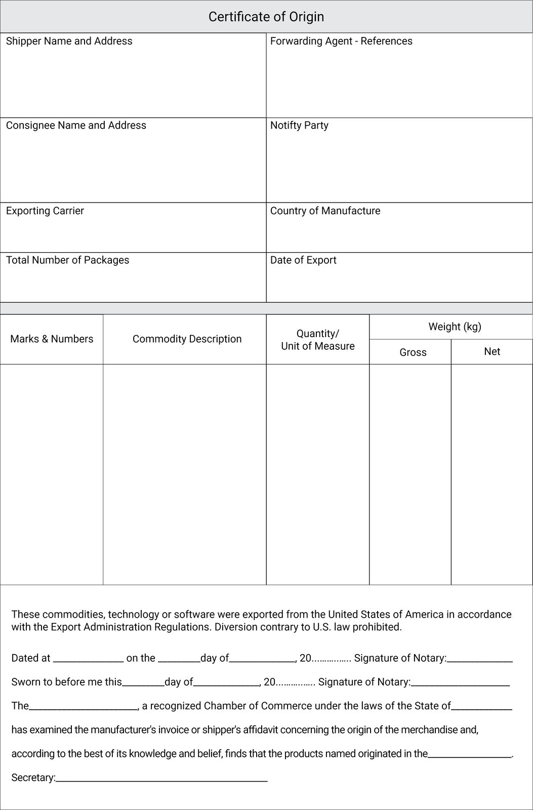 Ilustracja przedstawia świadectwo pochodzenia ładunku. W komórkach są miejsca na wpisanie: nazwy i adresu spedytora oraz odbiorcy, przewoźnika, liczby paczek, państwa produkcji i daty eksportu. Poniżej są komórki do wpisania informacji na temat towaru. Na dole certyfikatu znajdują się dodatkowe informacje do wypełnienia oraz miejsce na podpis.