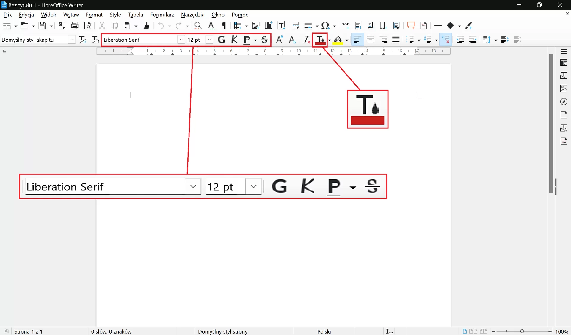 Zrzut okna programu LibreOffice Writer z zaznaczonym elementami do formatowania tekstów. Wyróżnione zostały opcje pozwalające wybrać czcionkę, rozmiar czcionki, pogrubienie, kursywę, podkreślenie, kolor czcionki.