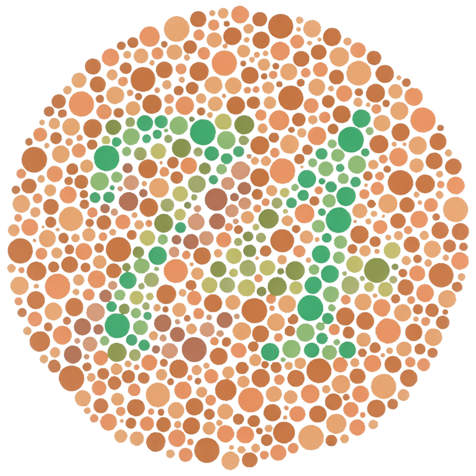 Schemat pokazuje tablicę wykorzystywana do wykonywania testu z użyciem tablic Ishihary. Polega on na pokazywaniu pacjentowi różnych plansz przedstawiających okrągłe plamy nieznacznie różniące się barwą. Okręgi o innym kolorze rozmieszczone są w ten sposób, żeby tworzyć jedną lub więcej cyfr arabskich. Zadaniem badanej osoby jest odczytanie liczby znajdującej się w środku planszy – jest to możliwe przy prawidłowym widzeniu kolorów, jednak nie w przypadku występowania określonej wady. Zestaw testów zawiera różne kombinacje kolorów, co umożliwia pełną diagnostykę postrzegania barw. Na schemacie koła w kolorze pomarańczowym, wśród których ukryte są zielone koła układające się w liczbę 74. 