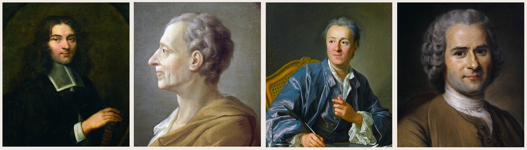 Ilustracja prezentuje cztery obrazy. Obraz pierwszy przedstawia portret młodego mężczyzny z lekkim zarostem na twarzy. Ma długie, lekko falowane, czarne włosy. Ubrany jest w ciemny płaszcz z szarym kołnierzem. W ręku trzyma książkę. Obraz drugi przedstawia lewy profil dojrzałego mężczyzny. Mężczyzna ma krótkie, falujące włosy. Jego czoło jest wysokie, a nos wydatny. Na twarzy widoczne są zmarszczki.  Obraz trzeci przedstawia mężczyznę w średnim wieku. Jego twarz jest owalna, nos wydatny, oczy wyłupiaste. Mężczyzna ma krótkie, falujące włosy. Jest ubrany w surdut i koszulę z falbanami przy mankietach. Siedzi przy biurku, pisze coś na kartce gęsim piórem.  Obraz czwarty przedstawia portret młodego mężczyzny. Ma on owalną twarz. Jego oczy są wyraziste. Mężczyzna ubrany jest w płaszcz z futrzanym kołnierzem. Na głowie ma dużą, futrzaną czapkę. Obraz przedstawia portret młodego mężczyzny. Ma on owalną twarz. Jego oczy są ciemne, wyraziste. Nos proporcjonalny. Mężczyzna ma na głowie ufryzowaną perukę z lokami. Ubrany jest w arystokratyczny strój.