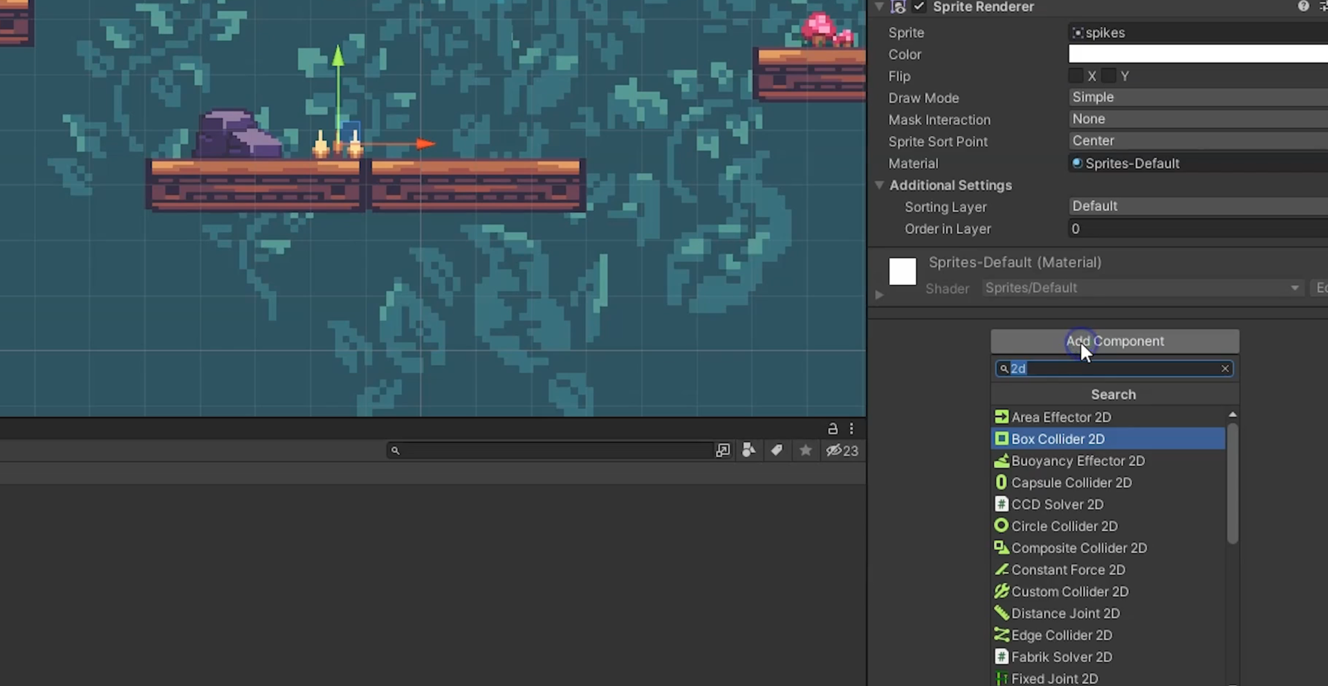Ilustracja przedstawia program do tworzenia gier Unity Hub.   W okienku programu widoczna jest grafika gry platformowej. U góry w lewej części ekranu widoczny jest fragment platformy po której przemieszcza się gracz. Po środku okienka widoczne są dwie połączone platformy dla gracza. Na platformie widoczne są dwie strzałki. Jedna zielona jest skierowana do góry, a druga pomarańczowa skierowana jest w prawą stronę. Z prawej strony widoczne są rozwijane okienka do tworzenia gry. Rozwinięte jest okienko wyboru Add Component i zaznaczona podświetlona jest opcja Box Collider 2D.