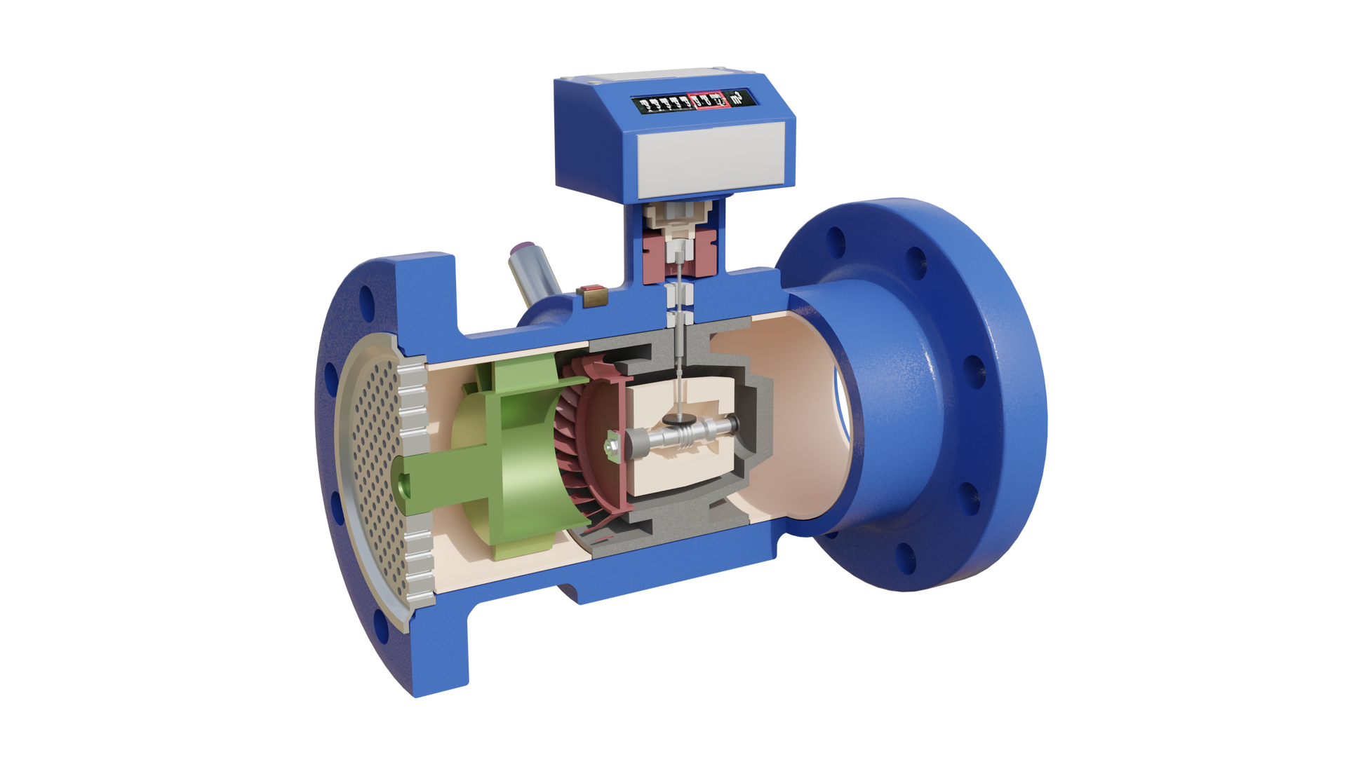 Ilustracja przedstawia przekrój gazomierza turbinowego. Gazomierz turbinowy działa na zasadzie proporcjonalności prędkości obrotowej wirnika turbiny do prędkości liniowej, a więc i strumienia objętości przepływającego gazu w określonym zakresie wielkości przepływu. Gazomierz turbinowy wyglądem przypomina szpulę w pozycji poziomej. Środkowa część szpuli jest pogrubiona. Z lewej i prawej strony przy krawędziach szpuli znajdują się okrągłe otwory. Środkowa część szpuli zakryta jest kierownicą strugi z drobnymi otworami. Z centralnej części szpuli poprowadzona pionowo w górę jest szyjka. Na szczycie szyjki znajduje się element w kształcie ściętego prostopadłościanu. Na ścięciu znajduje się licznik. Na prawo od kierownicy szpuli znajduje się element, który kieruje płyn do zewnętrznych ścianek szpuli. Płyn trafia do wirnika, a następnie do zespołu pomiarowego. W szyjce znajduje się zespół przeniesienia napędu. Napęd widoczny jest tuż za wirnikiem.