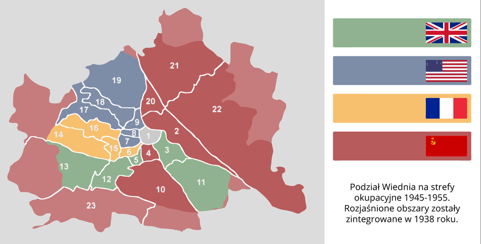 Mapa przedstawia podział Wiednia na strefy okupacyjne w latach 1945–1955. Wiedeń jest podzielony na strefy brytyjską (południowa i południowo‑zachodnia część), amerykańską (północno‑zachodnia część), francuską (zachodnia część) oraz sowiecką (wschodnia i południowa część). Centrum Wiednia nie znajduje się w żadnej ze stref okupacyjnych. Po prawej stronie mapy znajdują się flagi: brytyjska, amerykańska, francuska, radziecka. Znajdują się na prostokątach o różnych kolorach opowiadających kolorom na mapie.  