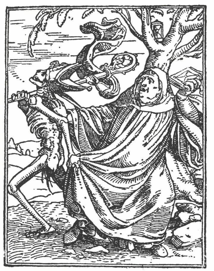 Na rycinie znajduje się kościotrup i osoba duchowna. Kościotrup ma czapkę biskupią  - tiarę na głowie, w ręku trzyma laskę biskupa - pastorał. Ciągnie duchownego za sutannę. Lewa dłoń mężczyzny spoczywa na ramieniu szkieletu. Duchowny w prawej ręce trzyma brewiarz. Opiera się on o drzewo. Między gałęziami stoi klepsydra.