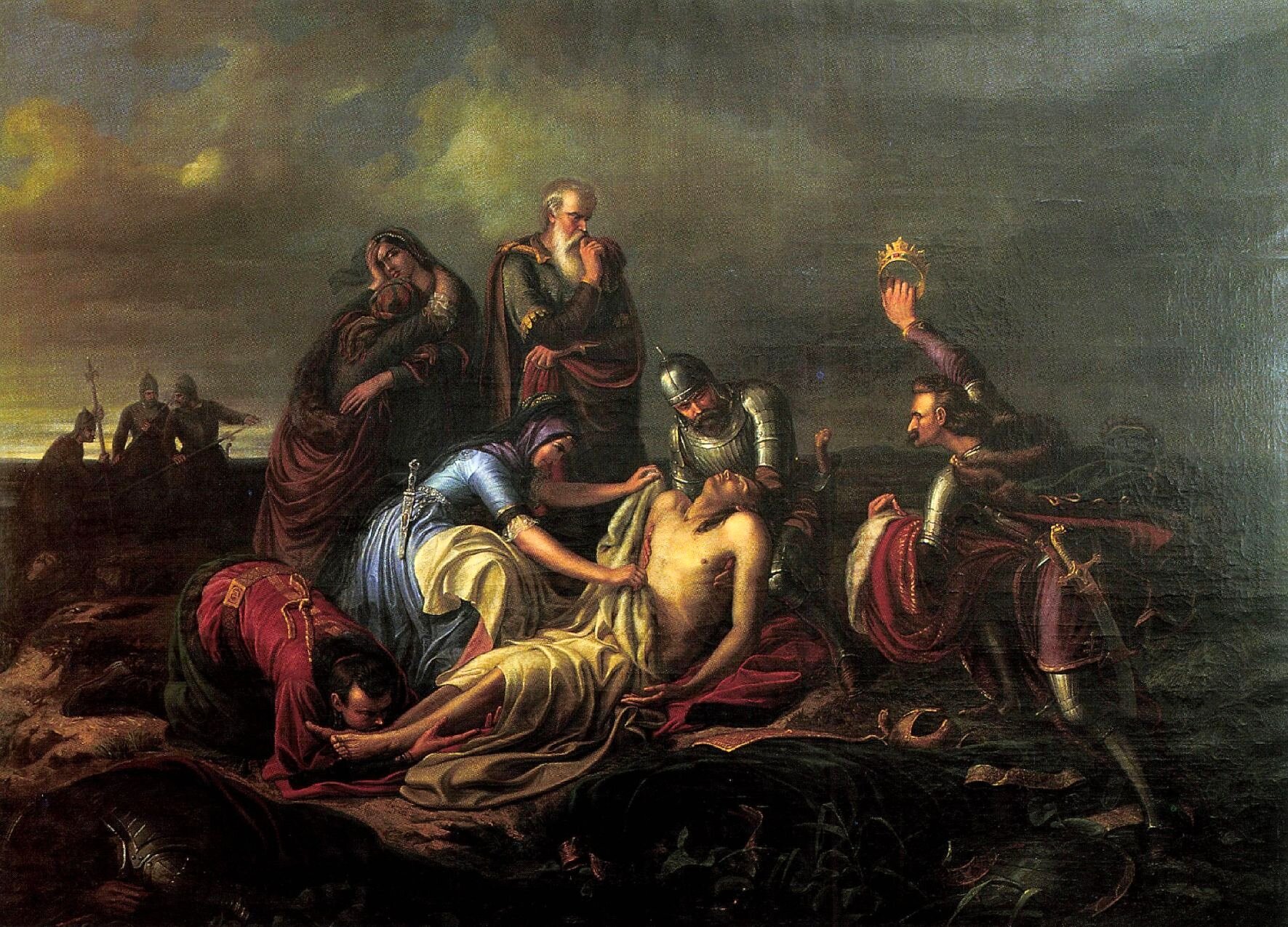 Kliknij, aby powiększyć Na obrazie w centrum obrazu leżą zwłoki Ludwika II. Są one przykrywane przez kobietę w niebieskiej szacie białym płótnem. Jeden z rycerzy podtrzymuje głowę króla, inny całuje go w stopy. Jeszcze inny mężczyzna trzyma wysoko uniesioną rękę z koroną. Mężczyźni ubrani są w srebrne zbroje i ciemne peleryny. W tle widać kobietę, która przytula inną kobietę. Niebo ciemne, zachmurzone.