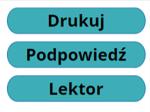 Grafika przedstawia przyciski funkcyjne, które mają formę prostokątnych ramek. Kolejno od góry to: drukuj, podpowiedź i lektor. 