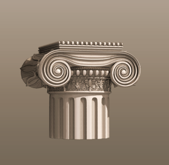 Na ilustracji znajduje się grafika przedstawiająca głowicę oraz fragment trzonu kolumny jońskiej. Głowica kolumny ozdobiona jest wolutami przypominającymi baranie rogi. Między żłobkowanym trzonem kolumny a wolutami, wokół kolumny, biegnie wąski pas płaskorzeźb przedstawiających motywy roślinne. Nad nim drobne wypukłe elementy, tak zwane „wole oczka”.