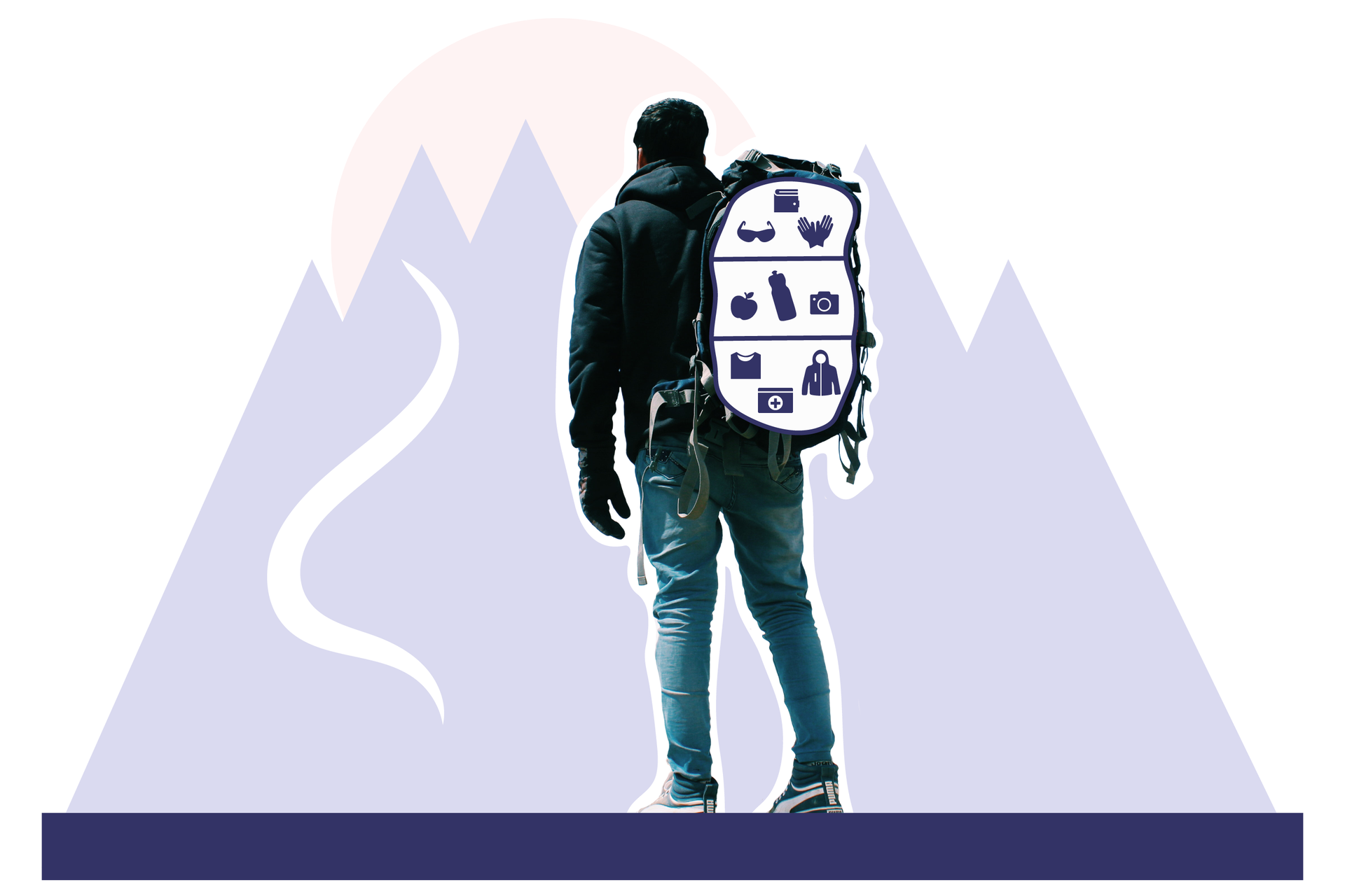 Na ilustracji widać rysunek gór, zza których wystaje słońce. Na tle gór znajduje się zdjęcie mężczyzny zwróconego tyłem do obiektywu w dżinsach, sportowych butach, kurtce, rękawicach i czapce. Na plecach ma duży plecak, na którym znajduje się grafika podzielona na trzy części, przedstawiająca jego zawartość. W dolnej części znajduje się symbol kurtki, apteczki i złożonej koszulki, w środkowej symbol jabłka, bidonu i aparatu, a w górnej symbol portfela, rękawic i okularów. 