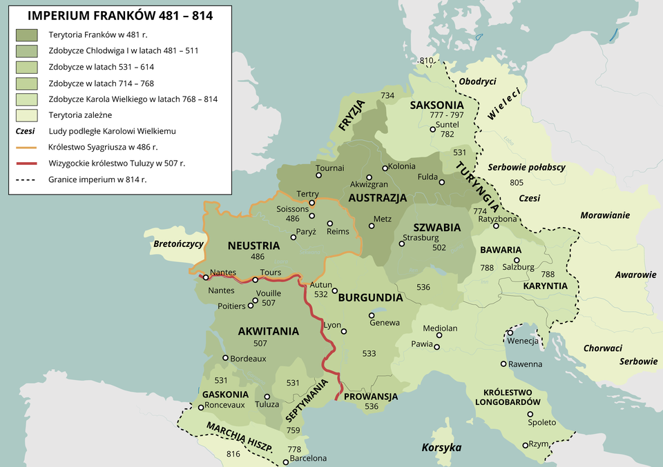 Mapa przedstawia Imperium Franków w latach od 481 do 814. Terytoria Franków w 481 roku to Austrazja, na której terenie znajdowała się Kolonia. Zdobycze Chlodwiga pierwszego w latach od 481 do 511 to Akwitania, Neustria i Szwabia. Zdobycze w latach od 531 do 614 to Gaskonia, Burgundia. Zdobycze w latach od 714 do 768 to Fryzja, Turyngia, Septymania. Zdobycze Karola Wielkiego w latach od 768 do 814 to Saksonia, Bawaria, Karyntia, Marchia Hiszpańska, Królestwo Longobardów. Terytoria zależne to ludy Obodryci, Wieleci, Serbowie połabscy, Czesi, Morawianie, Awarowie, Chorwaci, Serbowie, Bretończycy. Królestwo Syagriusza w 486 roku to Neustria.