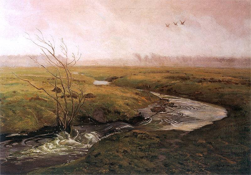 Obraz przedstawia krajobraz. Wśród porośniętych trawą pól płynie potok. Jego koryto nie jest szerokie. Woda piętrzy się na znajdujących się w korycie głazach.