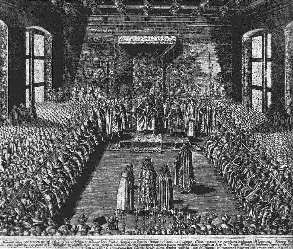Ilustracja przedstawia zebranie polityków oraz rządzących. Zdetronizowany car Wasyl Szujski oraz jego bracia, Dymitr i Iwan, znajduje się przed Zygmuntem III na sejmie warszawskim 1611 r., miedzioryt z epoki. Znajdują się oni w wielkiej, wysokiej sali z wysokim sufitem oraz bogato zdobionymi ścianami, budynek ma wielkie okna. Na środku na podwyższeniu znajduje się władca. Zgromadzenie jest bardzo liczne. 