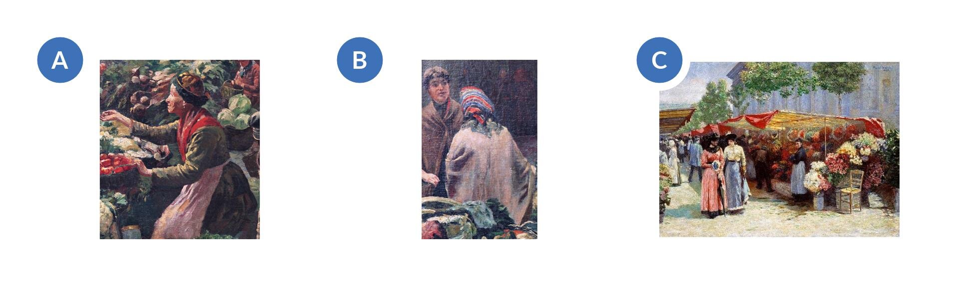 W zadaniu wykorzystano fragmenty dzieł, przedstawiają: kobietę siedzącą wsród warzyw i owoców; dwie kobiety na targu rozmawiające; rynek z kwiatami.