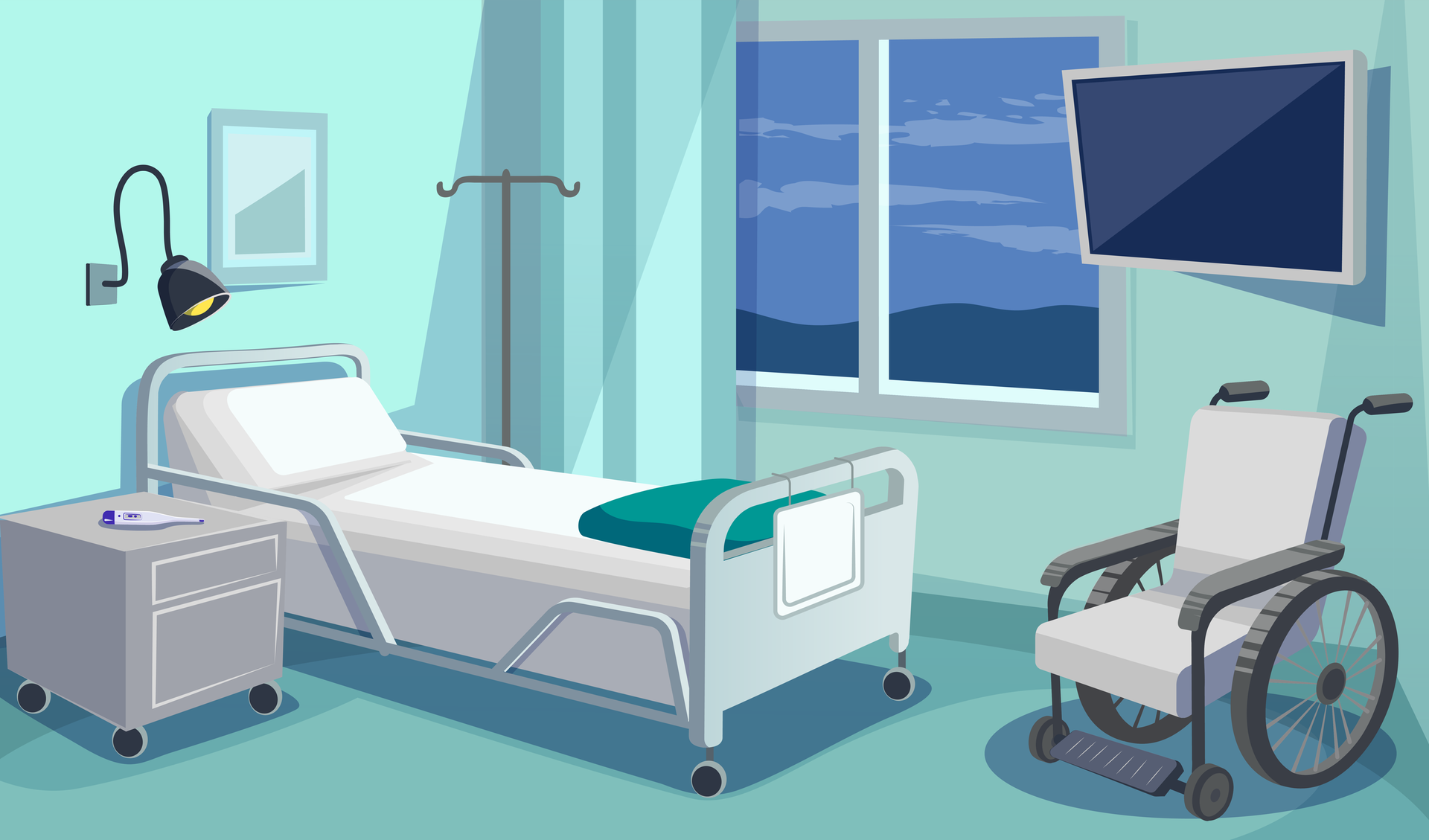 Widoczna jest ilustracja. Przedstawia łóżko szpitalne znajdujące się przy oknie. Przy łóżku stoją stolik nocny, wieszak na kroplówkę i wózek inwalidzki. Nad łóżkiem wisi lampka. Na ścianie wisi telewizor. Na stoliku nocnym leży termometr. Jest to sala szpitalna.