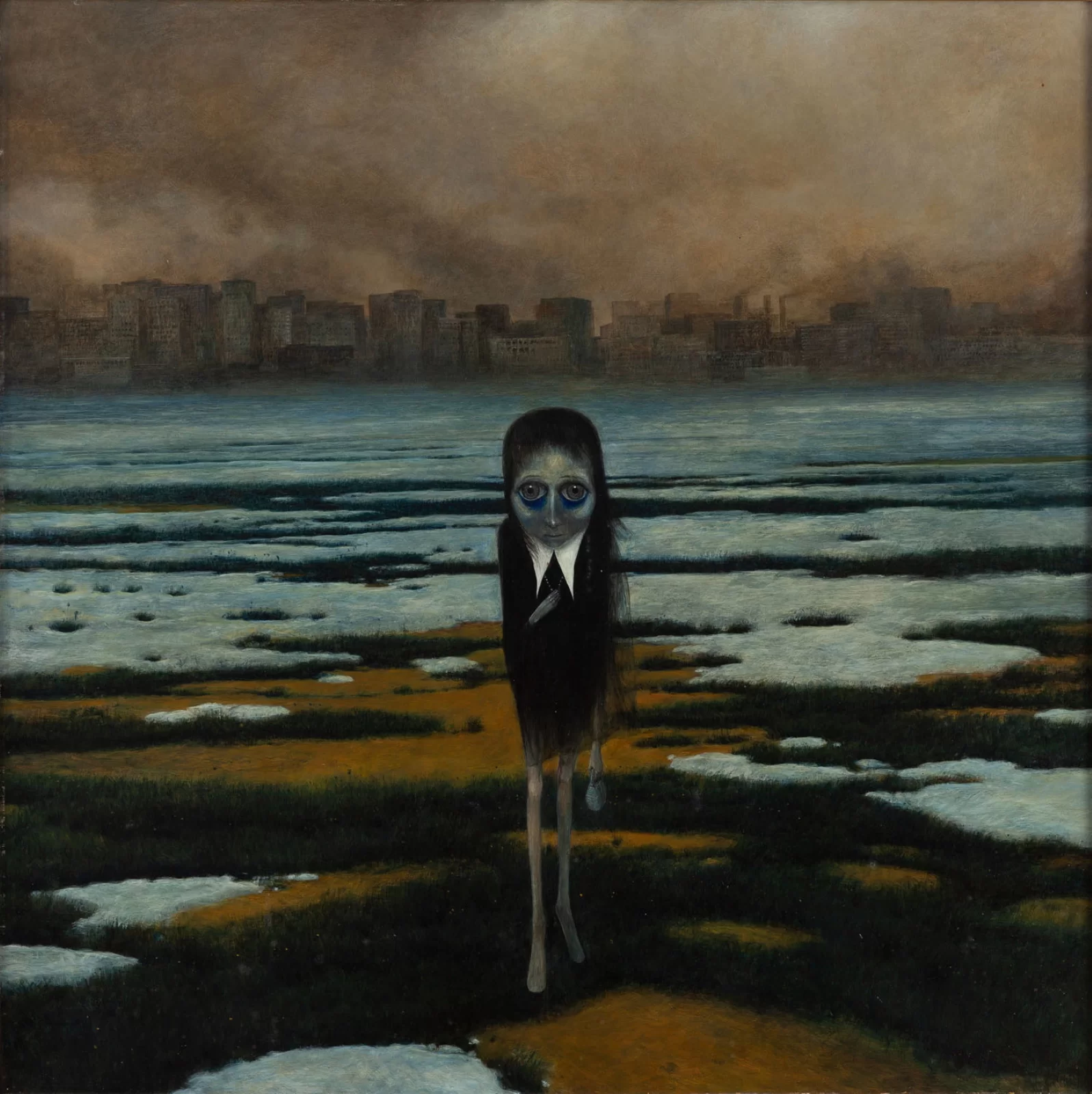 Zdzisław Beksiński, „Postać”. Dzieło przedstawia postać na tle pokrytej śniegiem ziemi w odcieniach koloru brązowego, której powierzchnia gdzieniegdzie porośnięta jest ciemnozieloną trawą. W oddali obecne są liczne budynki miejskie oraz zasnute gęstymi chmurami lub dymem niebo. Postać przypomina kobietę o bardzo długich oraz szczupłych kończynach. Jest bosa, ma krótki tors, dużą głowę oraz krótkie, czarne włosy. Jest bardzo blada, a jej skóra ma zimny, niebieskawy odcień. Cienie pod wielkimi, okrągłymi oczami postaci są intensywnie niebieskie. Nos jest długi, a usta wąskie. W lewej dłoni trzyma niewielką torebkę, z prawą przytrzymuje lekką, czarną narzutę, jak gdyby chroniła się przed zimnem. 