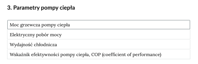 Zdjęcie przedstawia zwinięte zakładki tabeli zatytułowanej "Parametry pompy ciepła", poniżej znajdują się cztery punkty. 