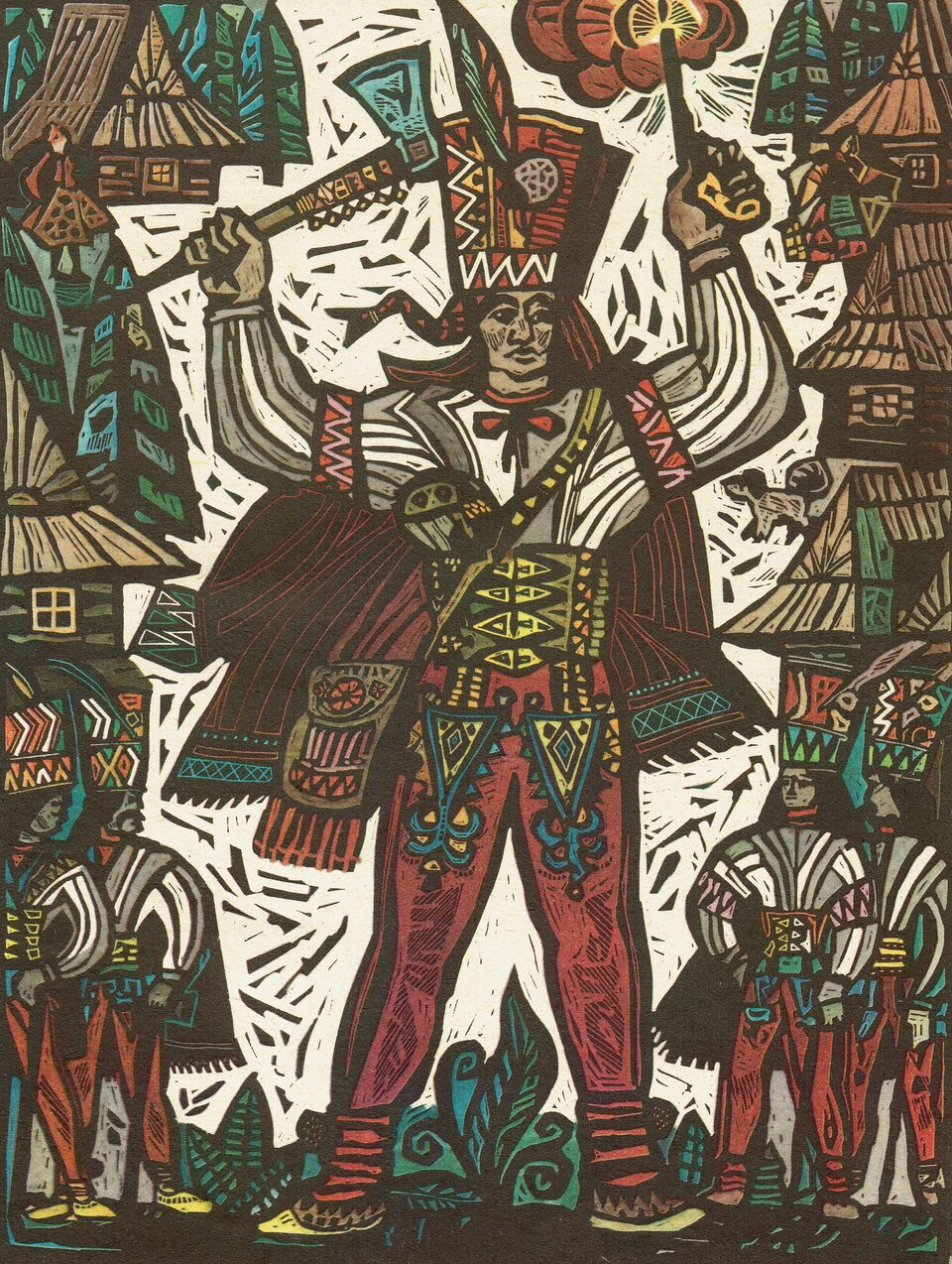 Ilustracja przedstawia pracę Zbigniewa Rychlickiego z książki Hanny Kostyrko „Klechdy domowe”. W centrum stoi duża postać Janosika. Po obu stronach stoją górale, skierowani w jego stronę. Wszyscy mają na sobie ludowe stroje: obcisłe czerwone spodnie z lampasami, szerokie pasy i jasne, luźne koszule oraz czapki z piórami. Wszyscy w rękach trzymają ciupagi, a Janosik dodatkowo w jednej dłoni ma pistolet - trzyma je w górze. Po bokach ilustracji ustawione są góralskie chaty z drzewami, góralkami oraz psem.