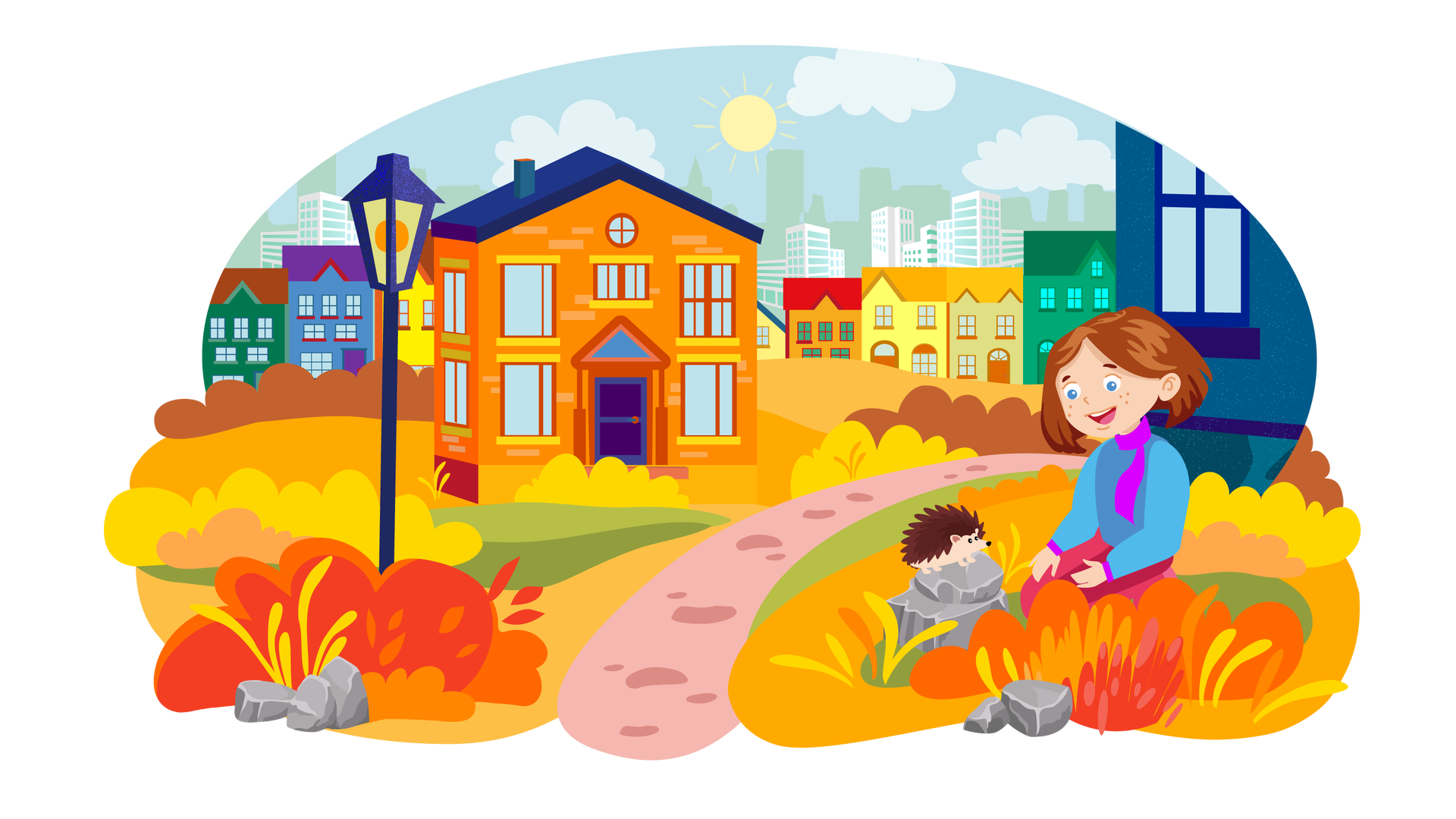 Ilustracja przedstawia miasto jesienią. W tle widać błękitne niebo z chmurami i słońcem. Dookoła znajdują się liczne budynki mieszkalne – wysokie wieżowce w tle i kolorowe kamieniczki bliżej pierwszego planu. Przez środek ilustracji biegnie ścieżka. Po jej lewej stronie stoi wysoka granatowa latarnia, a po prawej stronie siedzi na kamieniu jeż. Obok niego klęczy Maja. Jest ubrana w niebieską bluzę z długimi rękawami, długie różowe spodnie i fioletowy szalik. Przygląda się jeżowi i się uśmiecha.