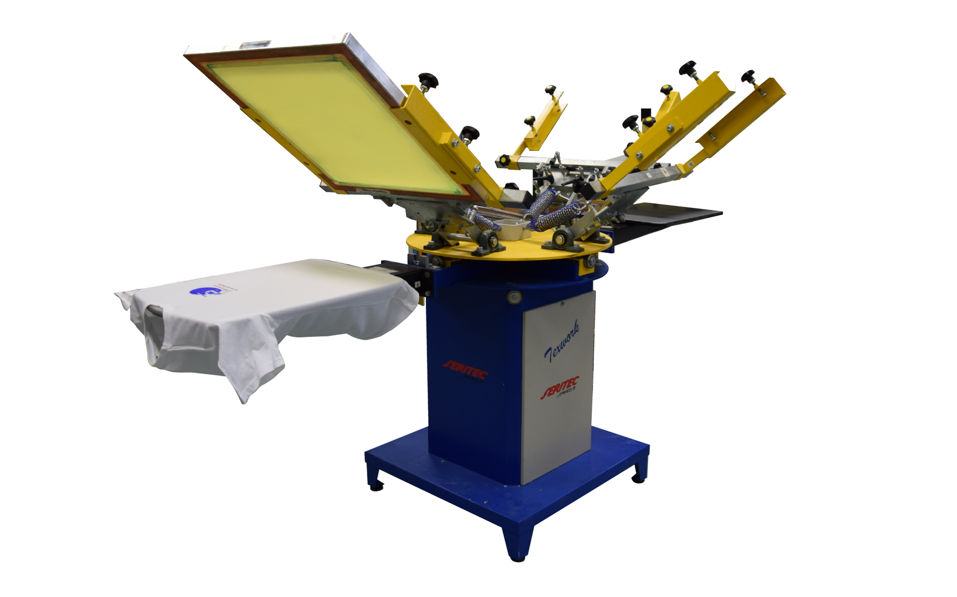 Zdjęcie przedstawia poglądowo przykładową maszynę sitodrukową w widoku od przodu, boku i góry.