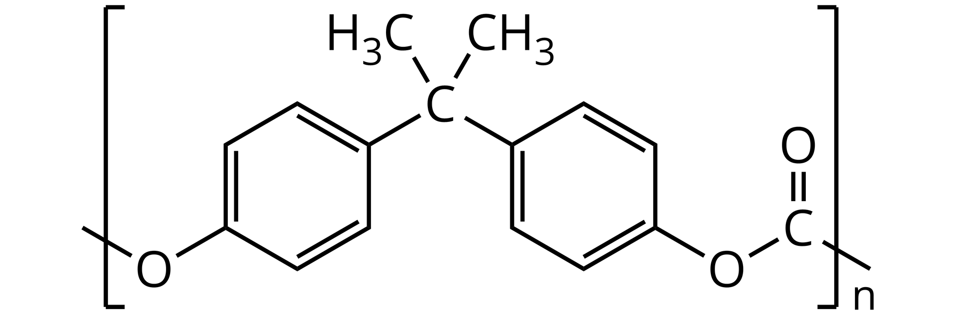 Ilustracja przedstawia wzór półstrukturalny monomeru poliwęglanu. Wiązanie pojedyncze przecięte lewym nawiasem kwadratowym, atom tlenu, połączony z pierścieniem aromatycznym. Po drugiej stronie pierścienia aromatycznego w pozycji czwartej przyłączony jest atom węgla połączony z grupą <math aria‑label="ce ha indeks dolny trzy, koniec indeksu">CH3 oraz <math aria‑label="ha indeks dolny trzy, koniec indeksu, ce">H3C oraz z kolejnym pierścieniem aromatycznym. Po drugiej stronie pierścienia aromatycznego w pozycji 4 przyłączony jest atom tlenu połączony z atomem węgla połączonym z atomem tlenu wiązaniem podwójnym. Ten atom węgla tworzy jeszcze jedno wiązanie pojedyncze przecięte prawym nawiasem kwadratowym. Nawias kwadratowy obejmuje wzór, a poza nawiasem w indeksie dolnym zapisano literę n.