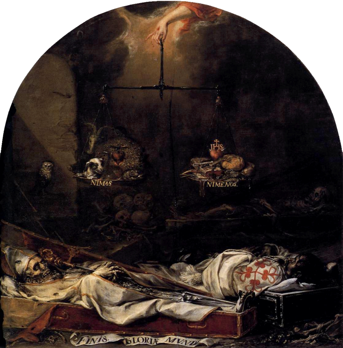 Finis gloriae mundi Źródło: Juan Valdés Leal, Finis gloriae mundi, 1672, olej na płótnie, Iglesia y Hospital de la Caridad, Sewilla, domena publiczna.