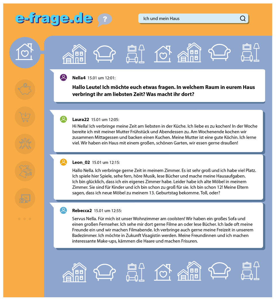 Ilustracja przedstawia wpisy na forum internetowym e-frage.de. Transkrypcja jest dostępna poniżej.