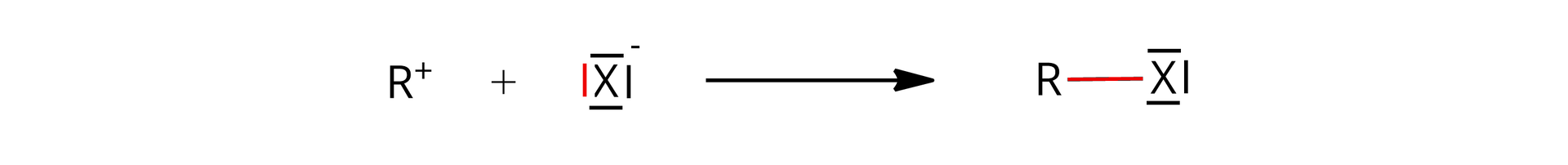 Ilustracja przedstawia następujące równanie. R+, dodać X- z zaznaczonymi czterema wolnymi parami elektronowymi reprezentowanych przez cztery kreski wokół symbolu pierwiastka. Strzałka w prawo. R wiązanie pojedyncze X z zaznaczonymi trzema wolnymi parami elektronowymi.