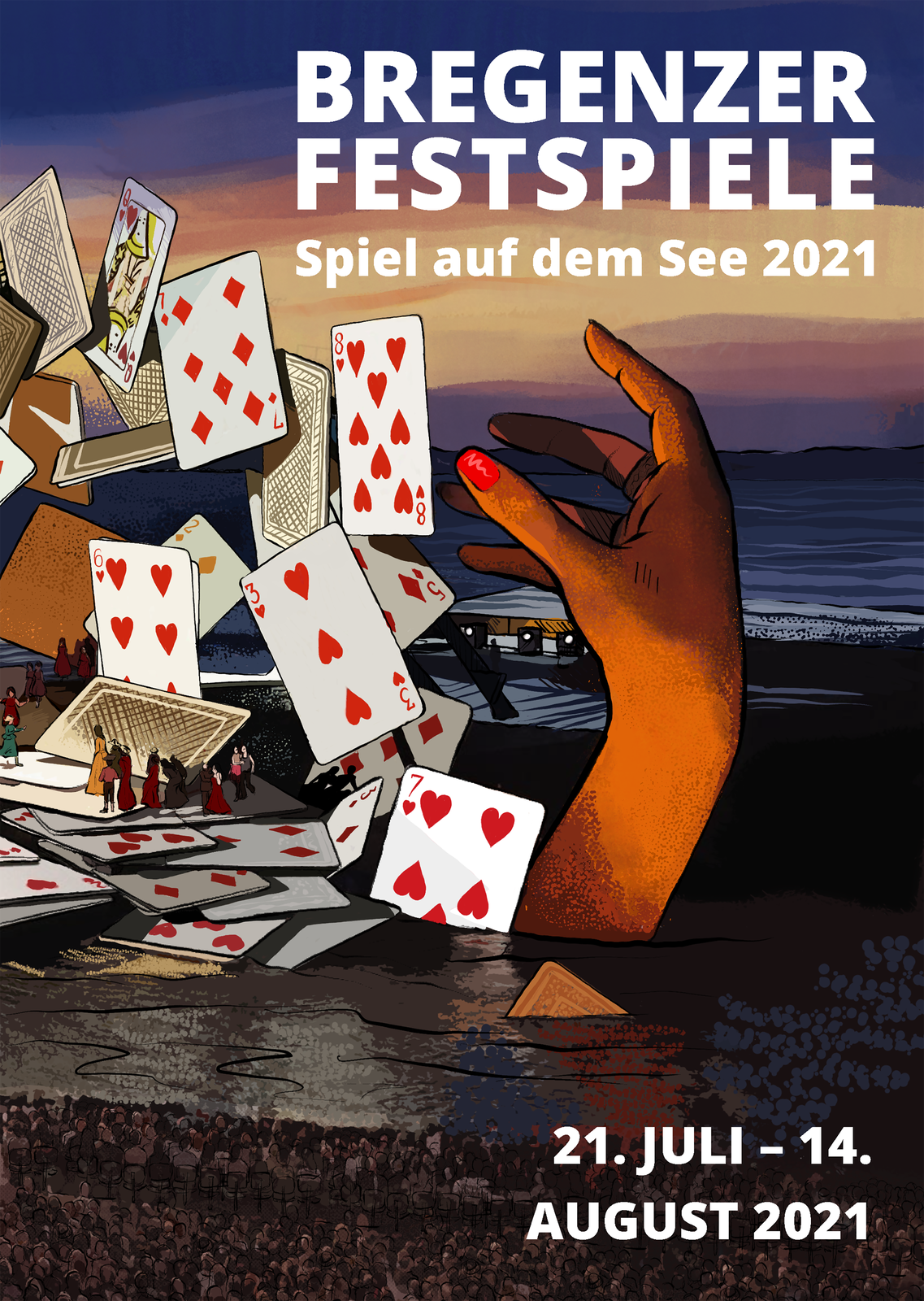 Widoczny jest plakat. BREGENZER FESTSPIELE. Spiel auf dem See 2021. 21. JULI - 14. AUGUST 2021.  Grafika przedstawia ręce wychodzące z morza, które rozrzucają karty do gry, po których chodzą ludzie. 