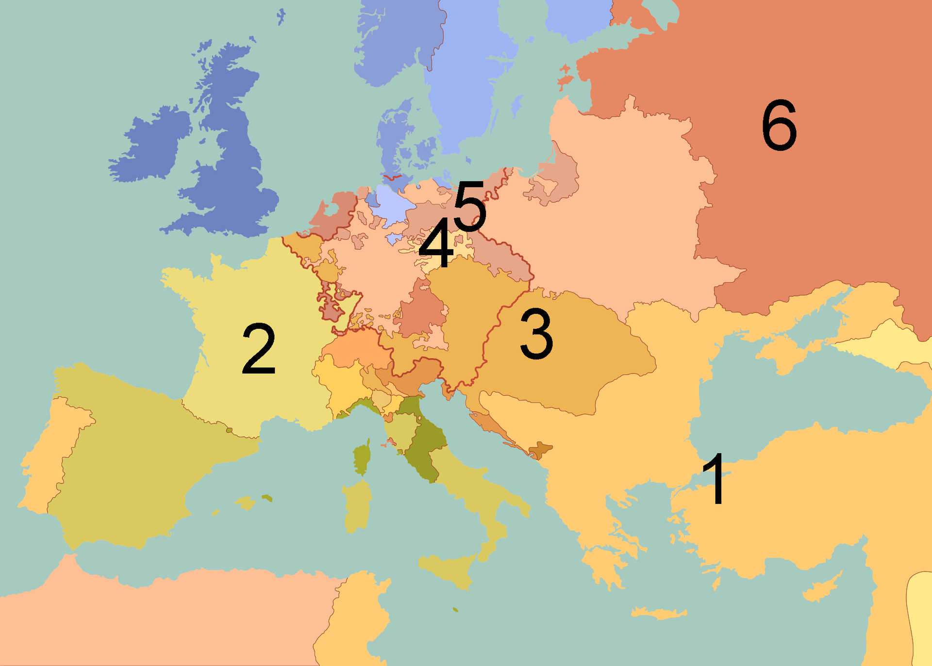 Ilustracja przedstawia mapę Europy w połowie osiemnastego wieku. Mapa jest opisana w różnych miejscach cyframi od jednego do sześciu. Numer 1 to obszar położony na południe od Morza Czarnego. Numer 2 to kraj graniczący na południu z Hiszpanią. Numer 3 to kraj położony na tej samej wysokości, co numer 2, ale na wschód od niego, na północ od dzisiejszej Bośni i Hercegowiny. Numer 4 to kraj położony na południe od Szwecji w linii prostej. Na północny wschód od numeru 4 jest kraj oznaczony numerem 5. Na wschód od wszystkich zaznaczonych państw jest numer 6 z rozległym terenem.