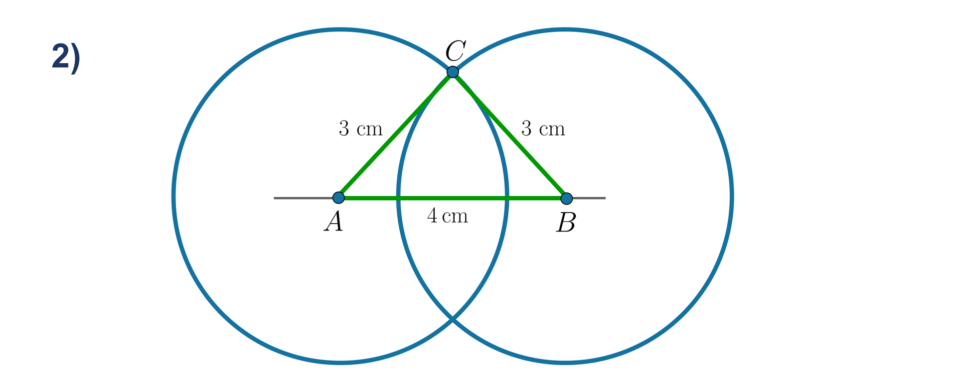 Trójkąt równoramienny o bokach długości 4cm, 3cm oraz 3cm, zbudowany na podstawie okręgów.