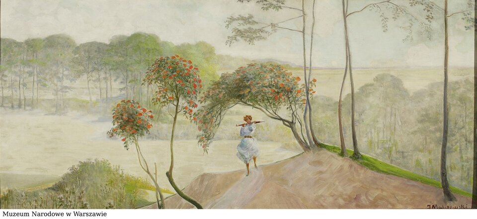 Ilustracja o kształcie poziomego prostokąta przedstawia obraz Jacka Malczewskiego „Idź nad strumienie”. Ukazuje idącego pastuszka w białej, długiej koszuli grającego na flecie. Otaczają go drzewa jarzębiny. Za pagórkowatym pejzażem rozciąga się widok z polami i innymi drzewami. Linia horyzontu jest płaska i rozmazana. W obrazie dominują jasne, rozbielone zielenie, ugry.